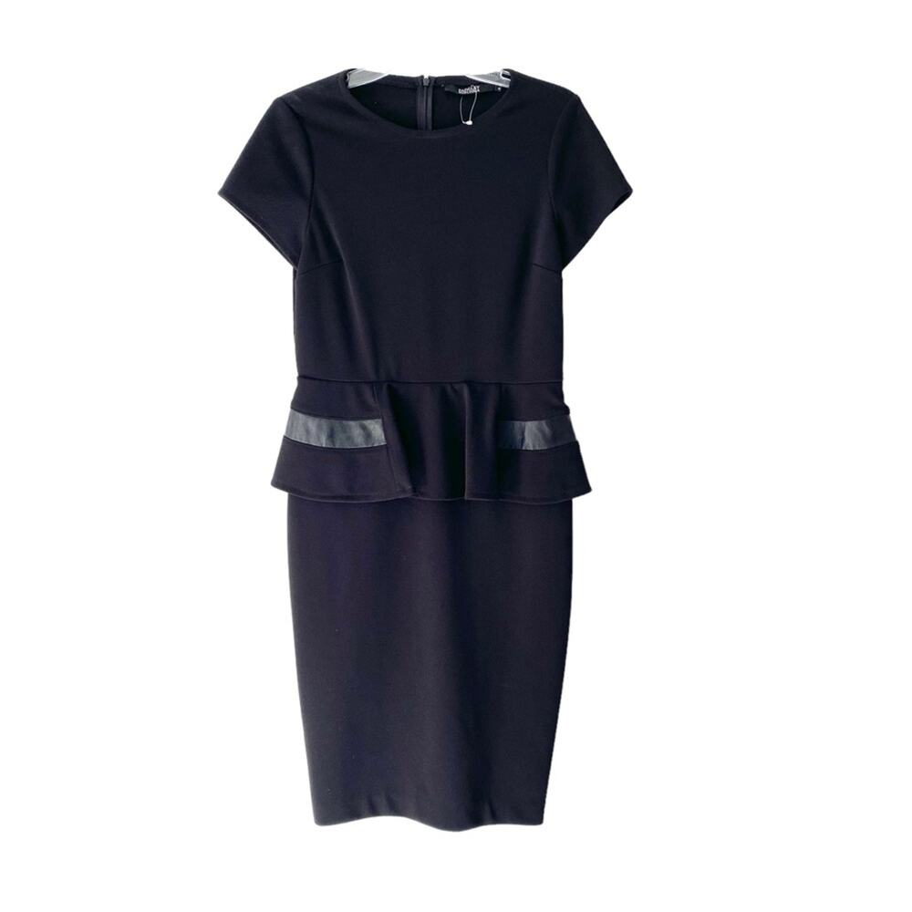 Badgley Mischka Black Leather Trim Peplum Pencil Dress NWOTs size 10